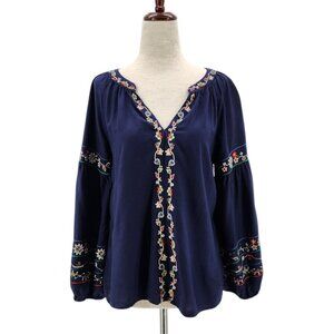 Velvet by Graham & Spencer Embroidered Floral Navy Blue Peasant Top Womens XS